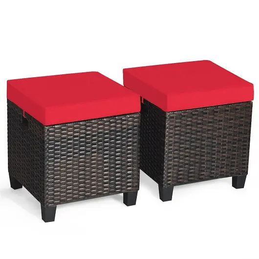 Costway UV-Resistant 2 Pieces Patio Rattan Ottoman Set Removable Cushions, Scarlet, HW63237RE