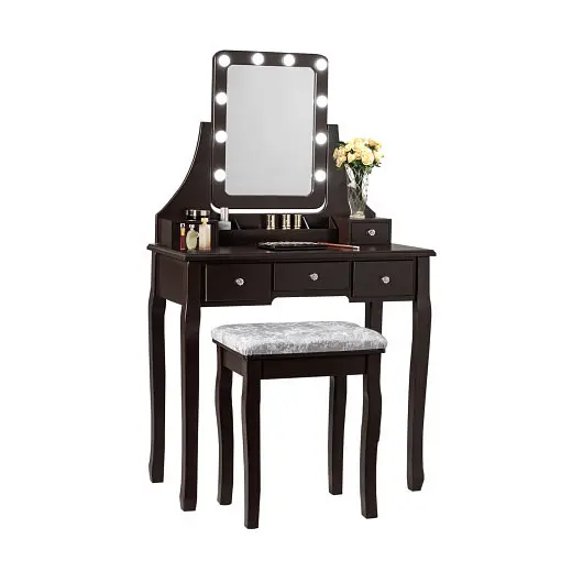 Costway Vanity Dressing Table Set 10 Dimmable Bulbs and Cushioned Stool, Espresso, HW66402US-CF