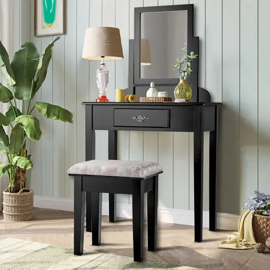 Costway Vanity Dressing Table Stool Set Large Makeup Mirror, HW66025BK