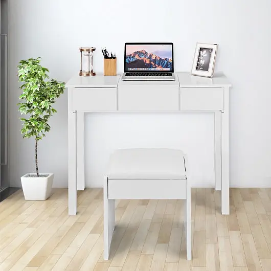 Costway Vanity Makeup Dressing Table Set Flip Top Mirror and Cushioned Stool, White, HW66021WH