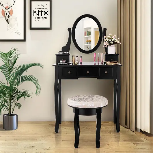 Costway Vanity Makeup Table Set Bedroom Furniture Padded Stool, HW66026BK