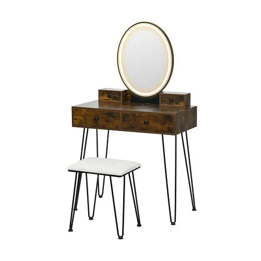 Costway Vanity Table Set 3-Color Lighted Dimmable Mirror, Brown, HU10050US-NA