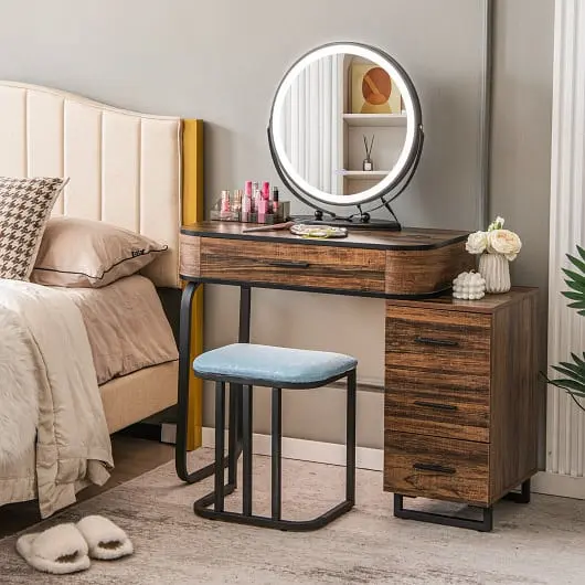 Costway Vanity Table Set 3-Color Lighted Mirror and Charging Station, Beige, HU10330US-CF