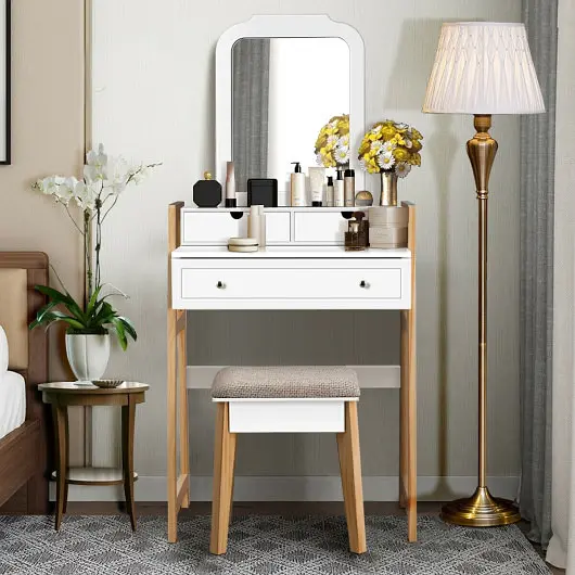 Costway Vanity Table Set Cushioned Stool and Large Mirror, HW65959