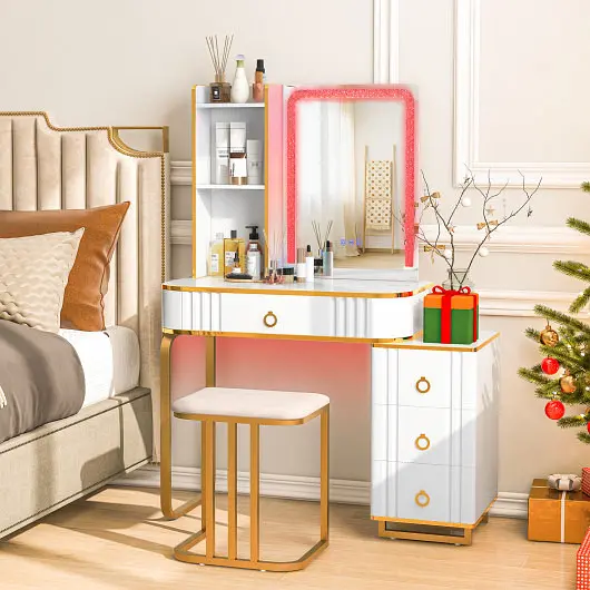 Costway Vanity Table Set RGB LED Lights and Wireless Charging Station, White, HU10617US-WH