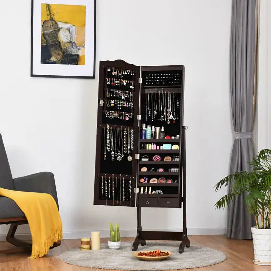 Costway Versatile 14 LED Jewelry Armoire Cabinet Full Length Mirror and 4 Tilting Angles, Coffee, JV10771CF