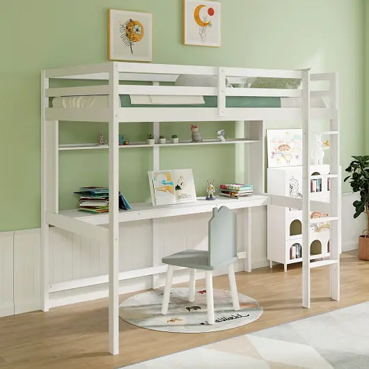 Costway Versatile Twin Size Solid Wood Slatted Loft Bed Frame Securety Guardrail Kid, Ivory, HY10045WH+