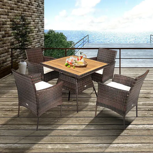 Costway Versatile 5 Units Patio Rattan Dining Furniture Set Arm Chair and Wooden Table Top, HW67789+