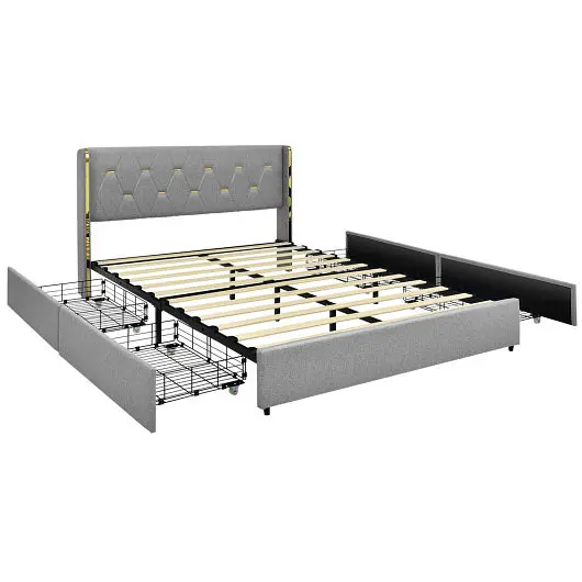 Costway Visible Upholstered Bed Frame 4 Drawers, Silver, Full Size, HU10228SL-F