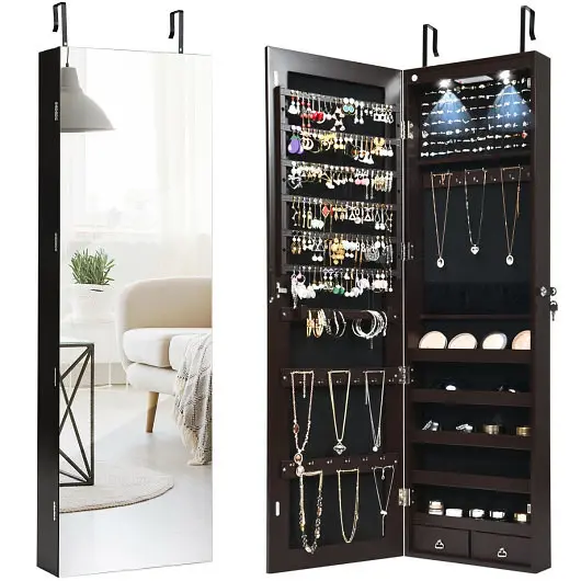 Costway Wall and Door Mounted Mirrored Jewelry Cabinet Lights, Tan, HW59104CF