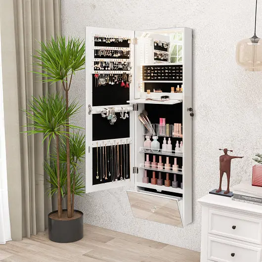 Costway Wall Mounted Jewelry Armoire Arranger Full, Length Frameless Mirror, White, JV11292WH