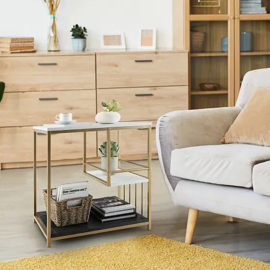Costway Waterproof 3-Tier Multi-function Marble End Table Storage Shelf, Golden, JV10376WH