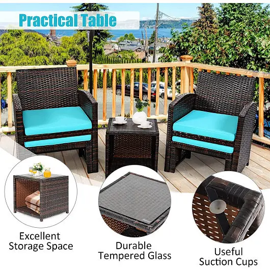 Costway Water-Resistant 5 Pieces Patio Rattan Furniture Set Ottoman and Tempered Glass Coffee Table, Turquoise, HW67813TU+...