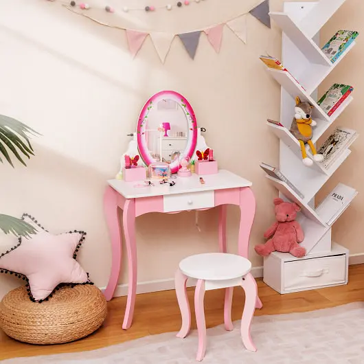 Costway Wear-Resistant Kids Vanity Table and Stool Set 360° Rotating Mirror and Whiteboard, Quick Release Pink, HY10184WH