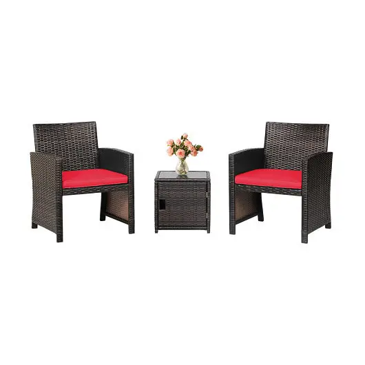 Costway Wear-Resistant 3 Pieces Patio Wicker Furniture Set Storage Table and Preserveive Cover, Red, HW69444RE