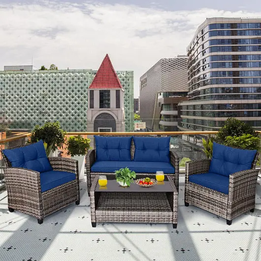 Costway Weatherproof 4 Individual Patio Rattan Furniture Set Coffee Table Cushioned Sofa, Navy, HW68647NY+