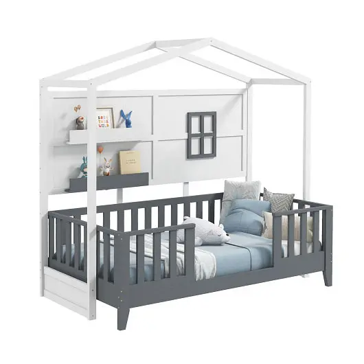 Costway Weatherproof Twin Wood Houtilize Bed Montessori Floor Bed 2 Shelves and Guardrails, Gray & White, HU10709WHT+