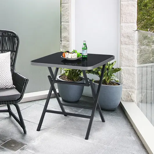 Costway Weather-Resistant Patio Folding Square Dining Table Aluminum Frame and Tempered Glass top, NP10107