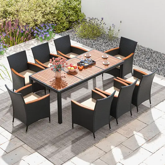 Costway Weather-Resistant 9 Pieces Outdoor Dining Set Acacia Wood Tabletop, HW71910+