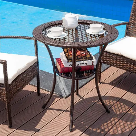 Costway Weather-Resistant Round Rattan Wicker Coffee Table Lower Shelf, HW68108