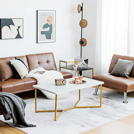 Costway White Faux Marble Coffee Table Gold Finished Metal Frame, HV10491