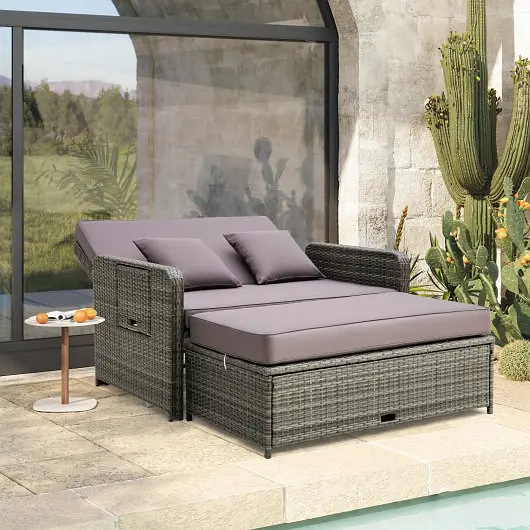 Costway Wicker Loveseat Sofa Multipurpose Ottoman and Retractable Side Tray, Charcoal, HW71247GR+