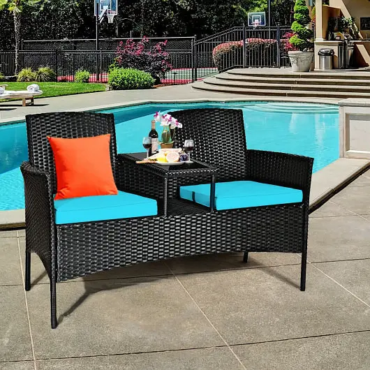 Costway Wicker Patio Conversation Furniture Set Removable Cushions and Table, Turquoise, HW63234TU