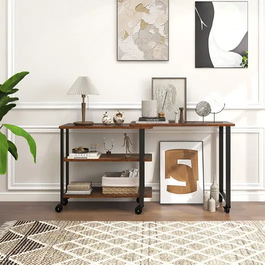 Costway Wide 360° Rotating Sofa Side Table Storage Shelves and Wheels, Rustic Brown, HW63073CF