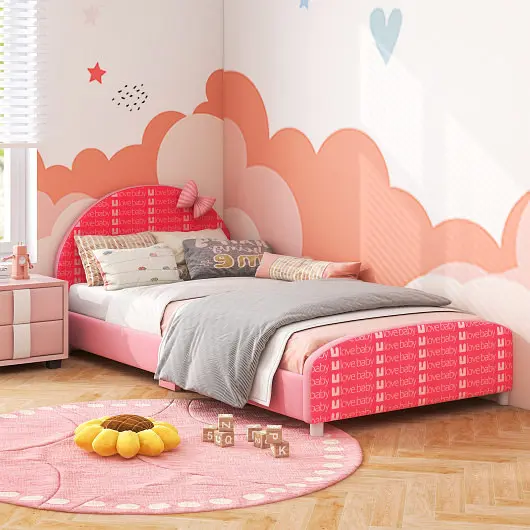 Costway Wood Upholstered Twin Bed Platform Slat Substantiate, Hitch Pink, HY10202PI
