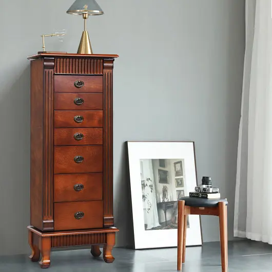 Costway Wooden Jewelry Armoire Cabinet Storage Chest Drawers and Swing Doors, HW65837