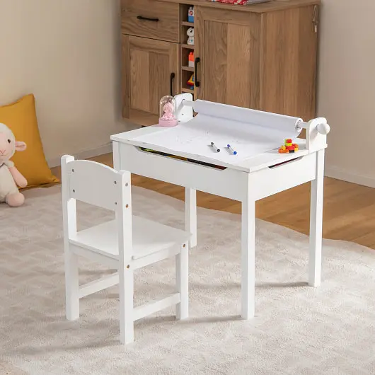 Costway Wooden Kids Table and Chair Set Storage and Paper Roll Holder, White, HY10125WH