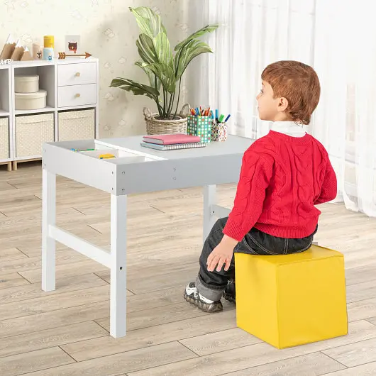 Costway 3 1 Wooden Kids Table Storage and Double, Sided Tabletop, Ivory, TP10074WH