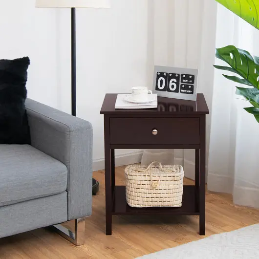 Costway Wooden Storage Shelf Drawer Bedroom and Living Room, Brown, HW66943CF