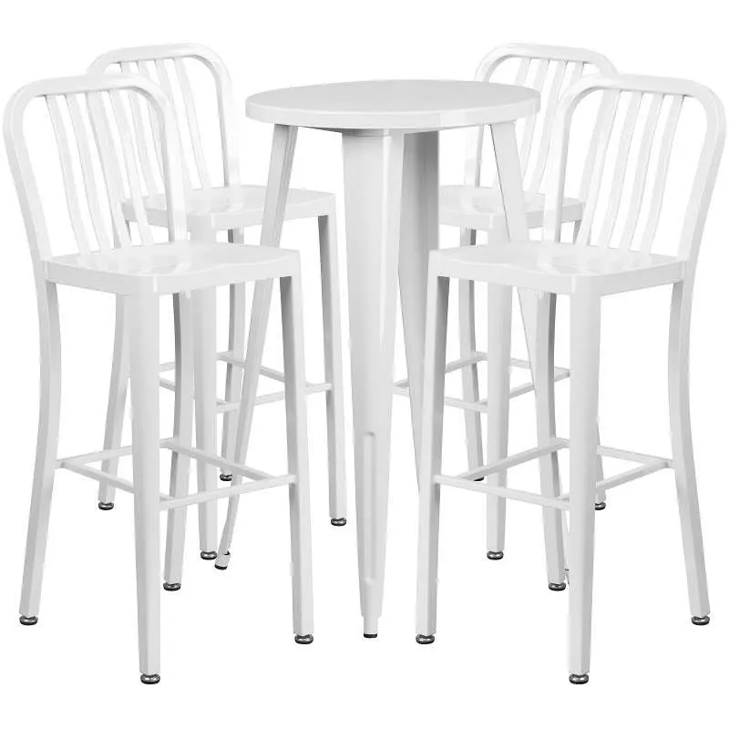 Flash Adaptable Furniture Richard Commercial Grade 24" Round White Metal Indoor-Outdoor Bar Table Set 4 Vertical Slat...