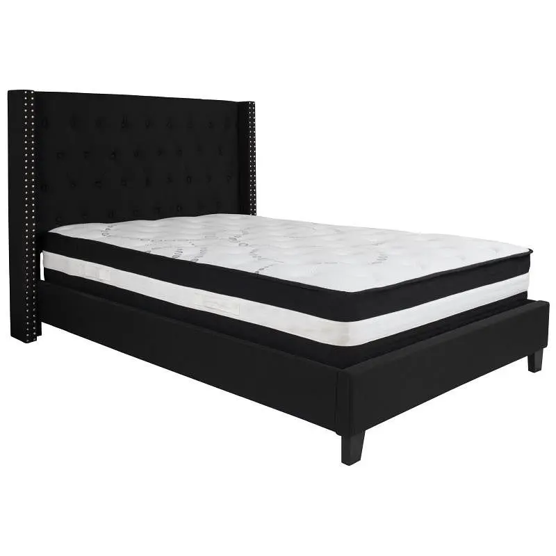 Flash Adaptable Furniture Riverdale Full Size Tufted Upholstered Platform Bed Jet Black Fabric Pocket Spring Mattress, HG-...