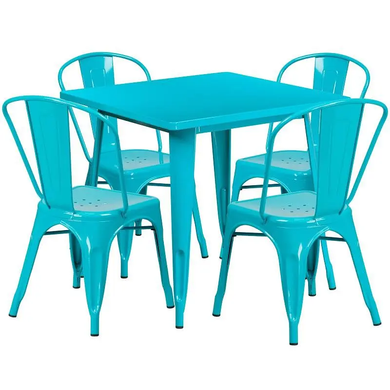 Flash Adjustable Furniture Cultivate Commercial Grade 31.5" Square Crystal Teal-Blue Metal Indoor-Outdoor Table Set 4...