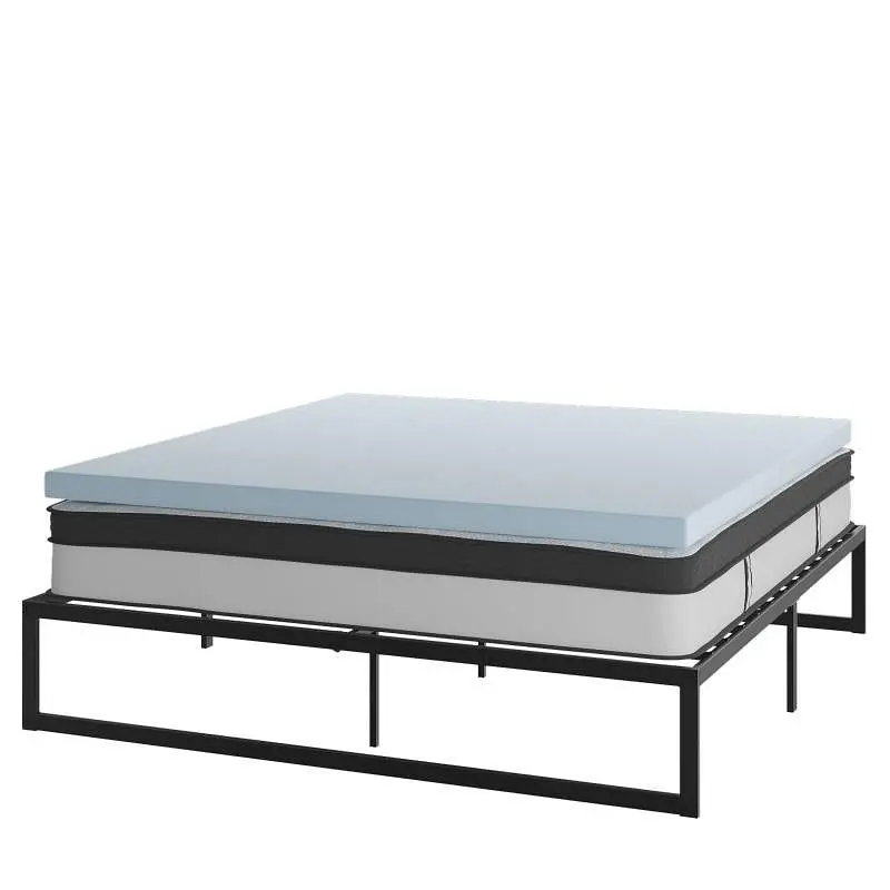 Flash Adjustable Furniture Leo 14" Metal Platform Bed Frame 12" Pocket Spring Mattress Box & 3" Cool Ge...
