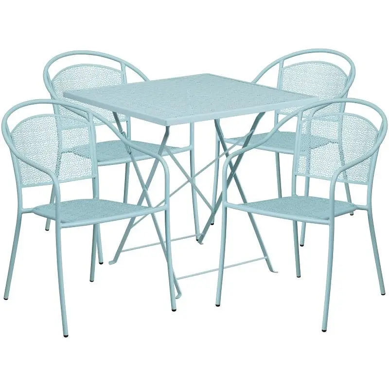 Flash Advanced Furniture Oia Commercial Grade 28" Square Sky Blue Indoor-Outdoor Steel Folding Patio Table Set 4 Roun...