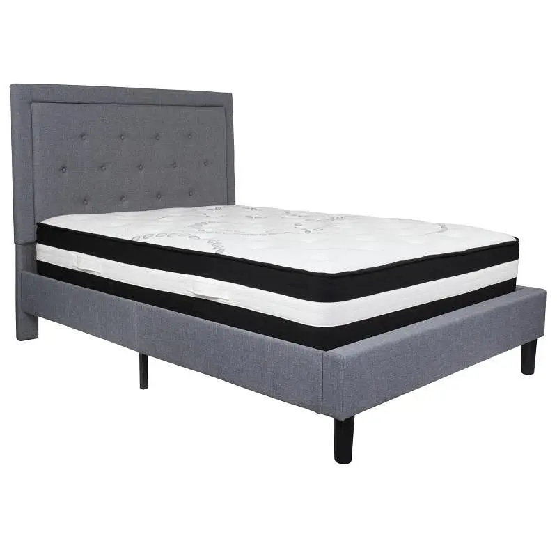 Flash Advanced Furniture Roxbury Full Size Tufted Upholstered Platform Bed Light Slate Gray Fabric Pocket Spring Mattress,...