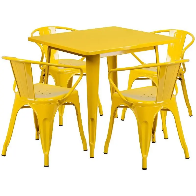 Flash All-Purpose Furniture Grady Commercial Grade 31.5" Square Canary Yellow Metal Indoor-Outdoor Table Set 4 Arm Ch...