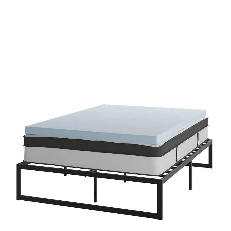 Flash All-Purpose Furniture Leo 14" Metal Platform Bed Frame 12" Pocket Spring Mattress Box & 3" Cool G...