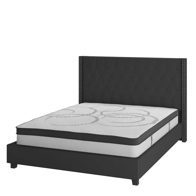 Flash All-Purpose Furniture Riverdale Queen Size Tufted Upholstered Platform Bed Black Fabric 10" CertiPUR-US Certifi...