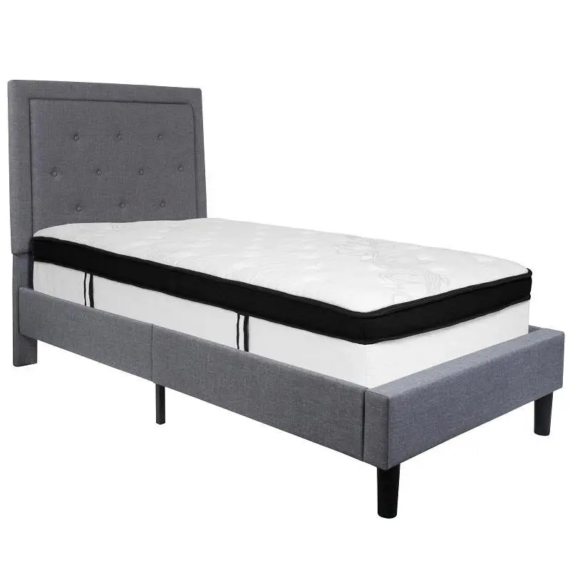 Flash All-Purpose Furniture Roxbury Twin Size Tufted Upholstered Platform Bed Light Slate Gray Fabric Memory Foam Mattress...