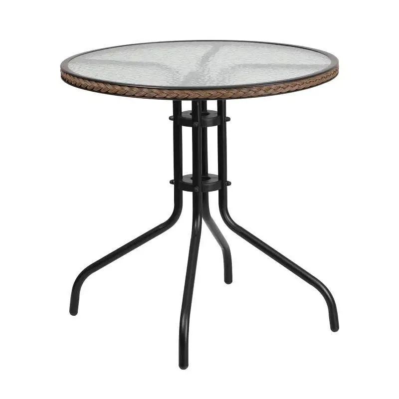 Flash Authentic Furniture Barker 28'' Round Tempered Glass Metal Table Dark Brown Rattan Edging, TLH-087-DK-BN-G...