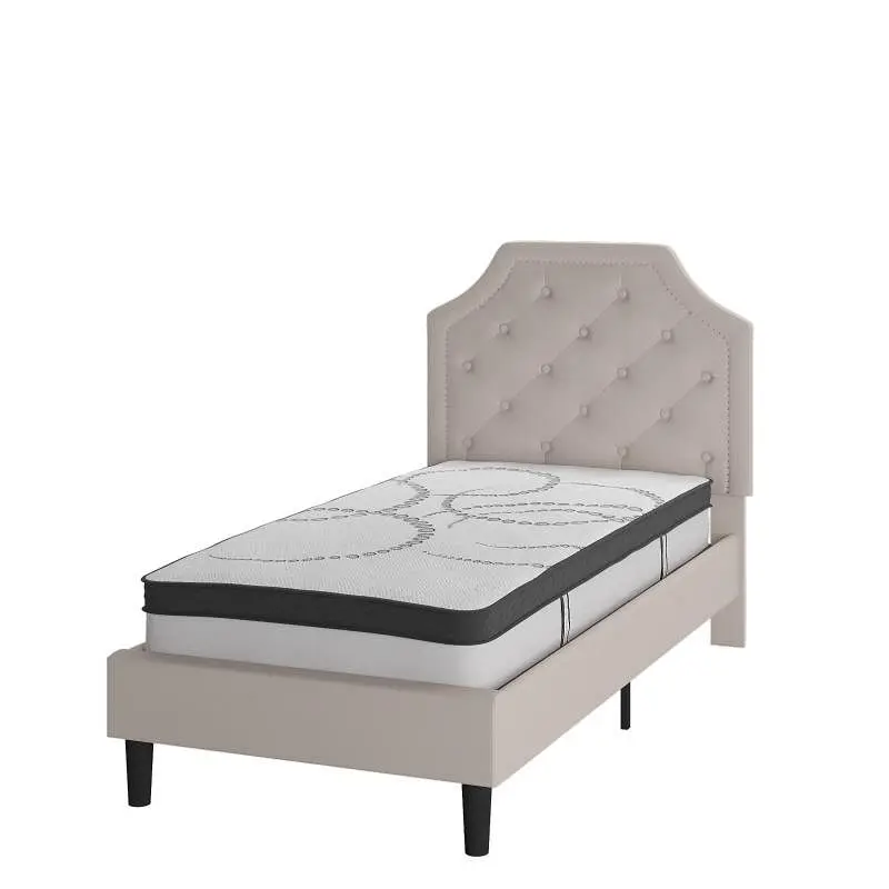 Flash Big Furniture Brighton Twin Size Tufted Upholstered Platform Bed Beige Fabric 10 Inch CertiPUR-US Certified Pocket S...