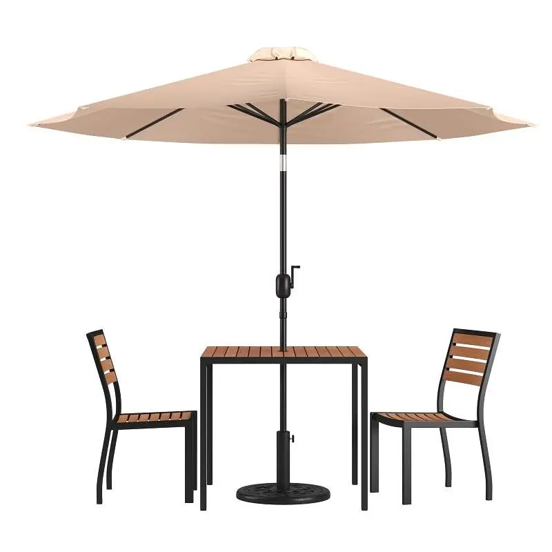 Flash Big Furniture Lark 5 Piece All-Weather Deck or Patio Set 2 Faux Teak Chairs, 35" Square Faux Teak Table, Tan Um...