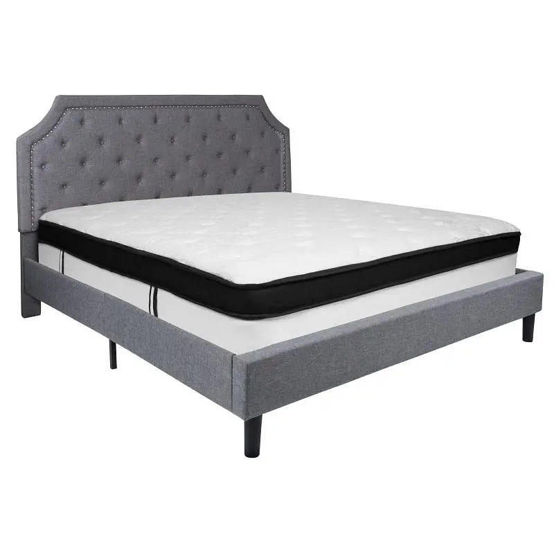 Flash Biodegradable Furniture Brighton King Size Tufted Upholstered Platform Bed Light Gray Fabric Memory Foam Mattress, S...