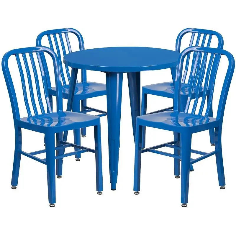 Flash Bright Furniture Chad Commercial Grade 30" Round Navy Blue Metal Indoor-Outdoor Table Set 4 Vertical Slat Back ...