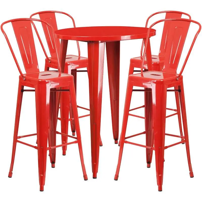 Flash Certified Furniture Callum Commercial Grade 30" Round Cherry Red Metal Indoor-Outdoor Bar Table Set 4 Cafe Stoo...