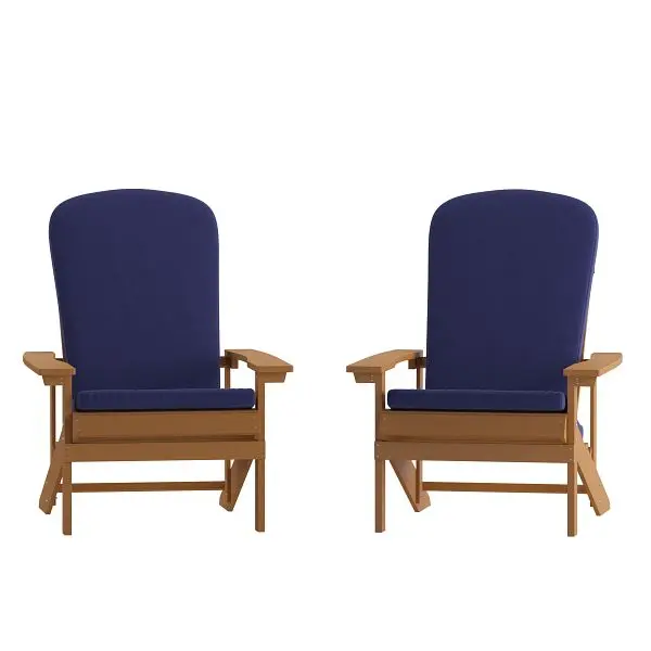 Flash Certified Furniture Charlestown All-Weather Poly Resin Wood Adirondack Chairs Teak Blue Cushions Deck, Porch, Set 2,...